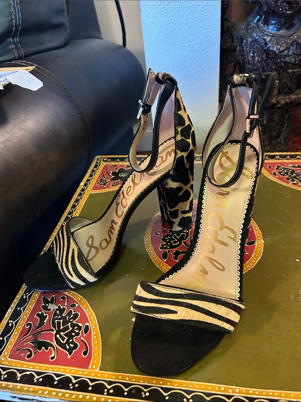 Sam Edelman Black & Cream Animal-Print Ankle Strap Heels